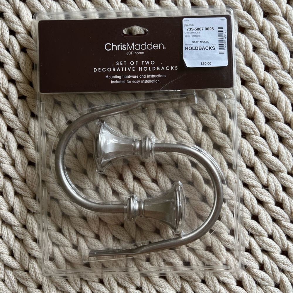 New in package Chris Madden JCP home satin nickel holdbacks